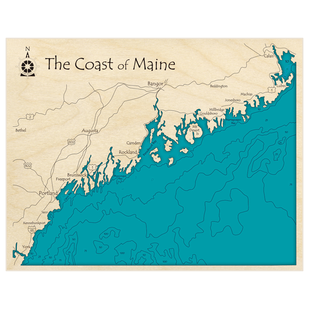Bathymetric topo map of Coast of Maine (Lubec to York) (Landscape) with roads, towns and depths noted in blue water