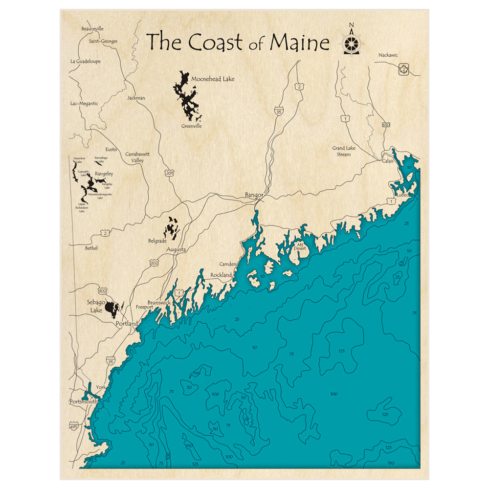 Bathymetric topo map of Coast of Maine (Lubec to York) (Portrait) with roads, towns and depths noted in blue water