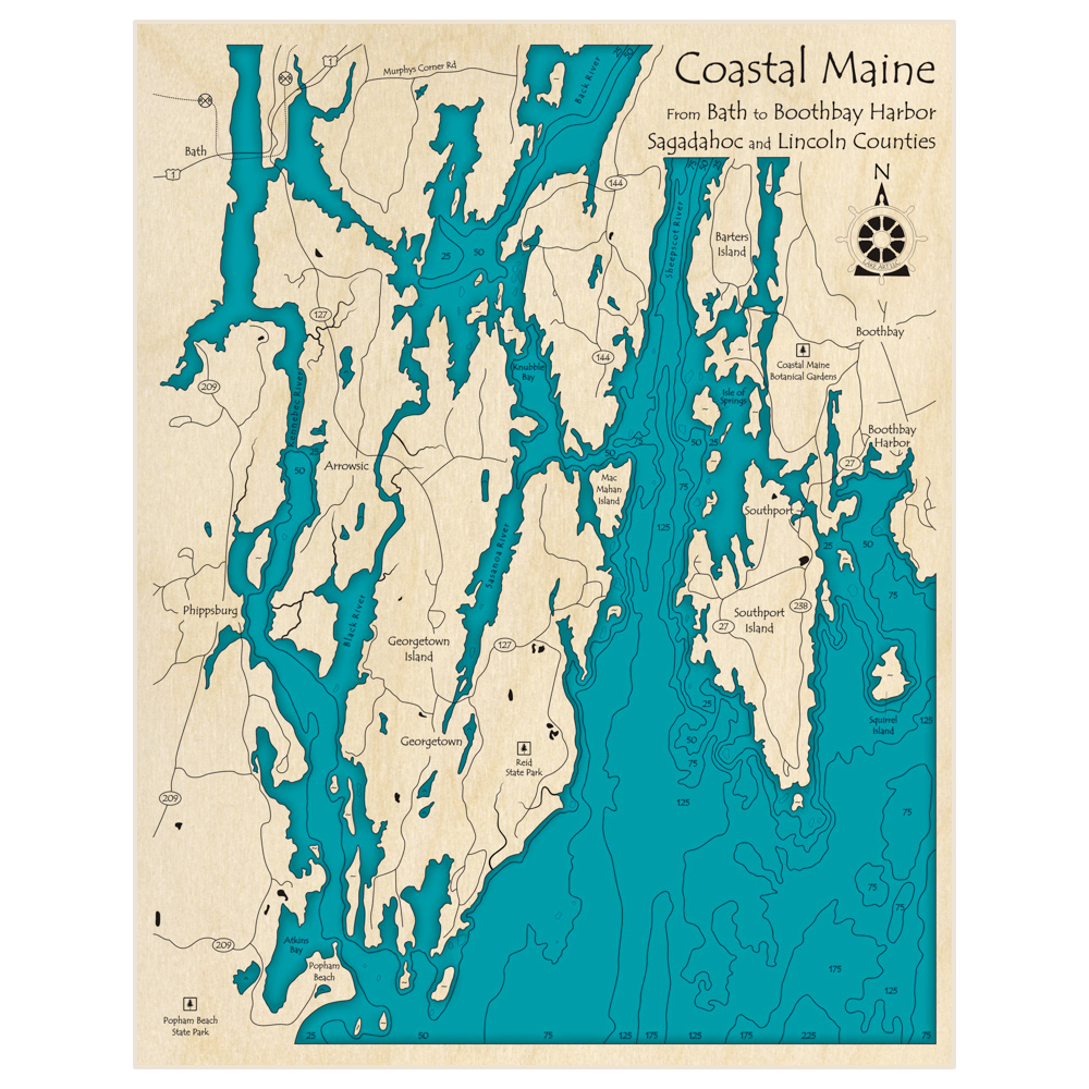 Bathymetric topo map of Coastal Maine (From Bath to Boothbay Harbor) with roads, towns and depths noted in blue water