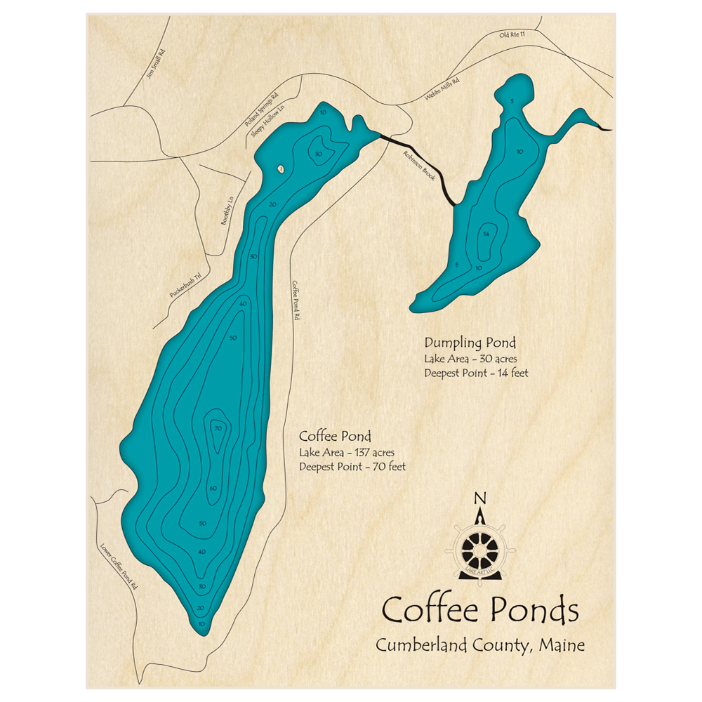 Bathymetric topo map of Coffee Ponds (Coffee and Dumpling) with roads, towns and depths noted in blue water