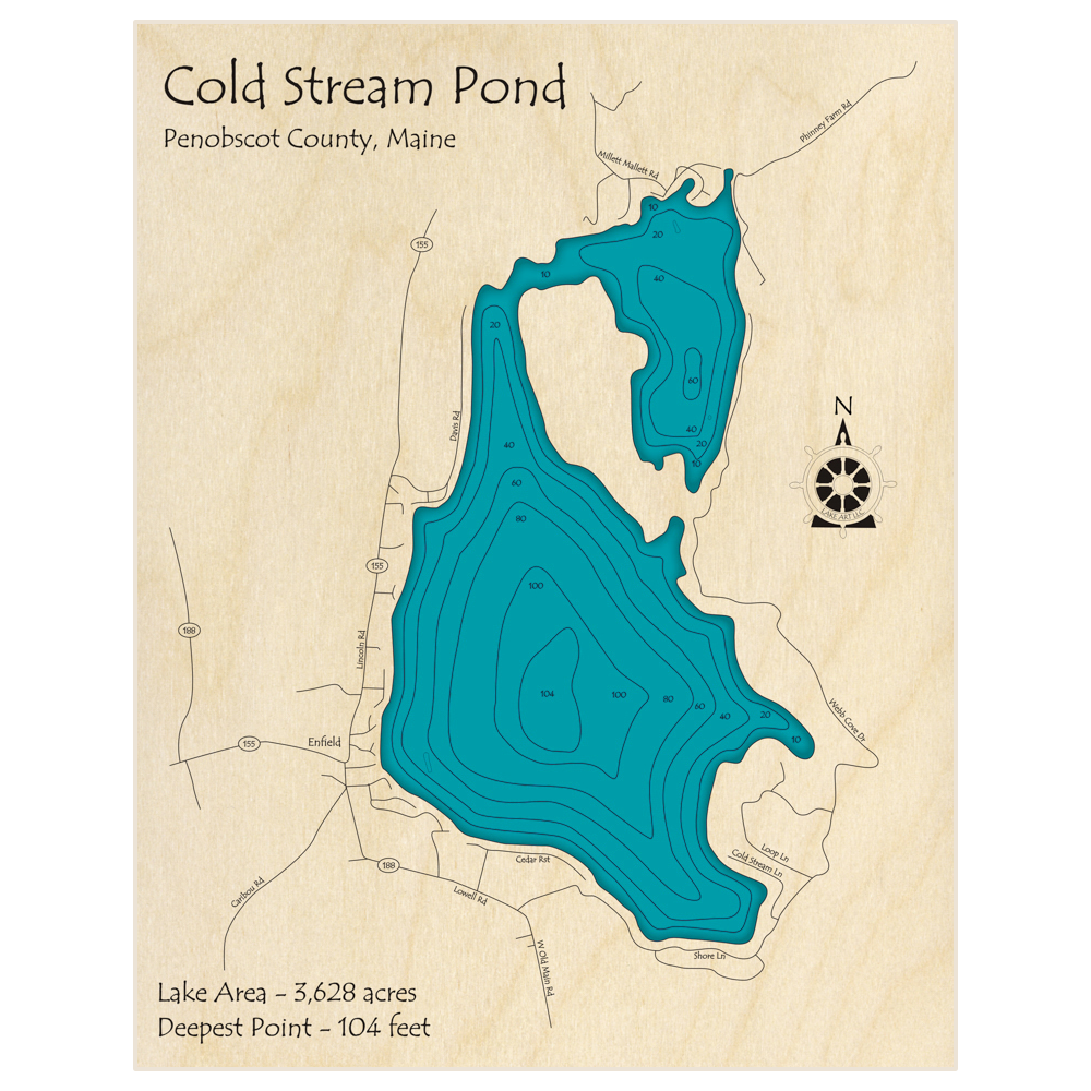 Bathymetric topo map of Cold Stream Pond with roads, towns and depths noted in blue water
