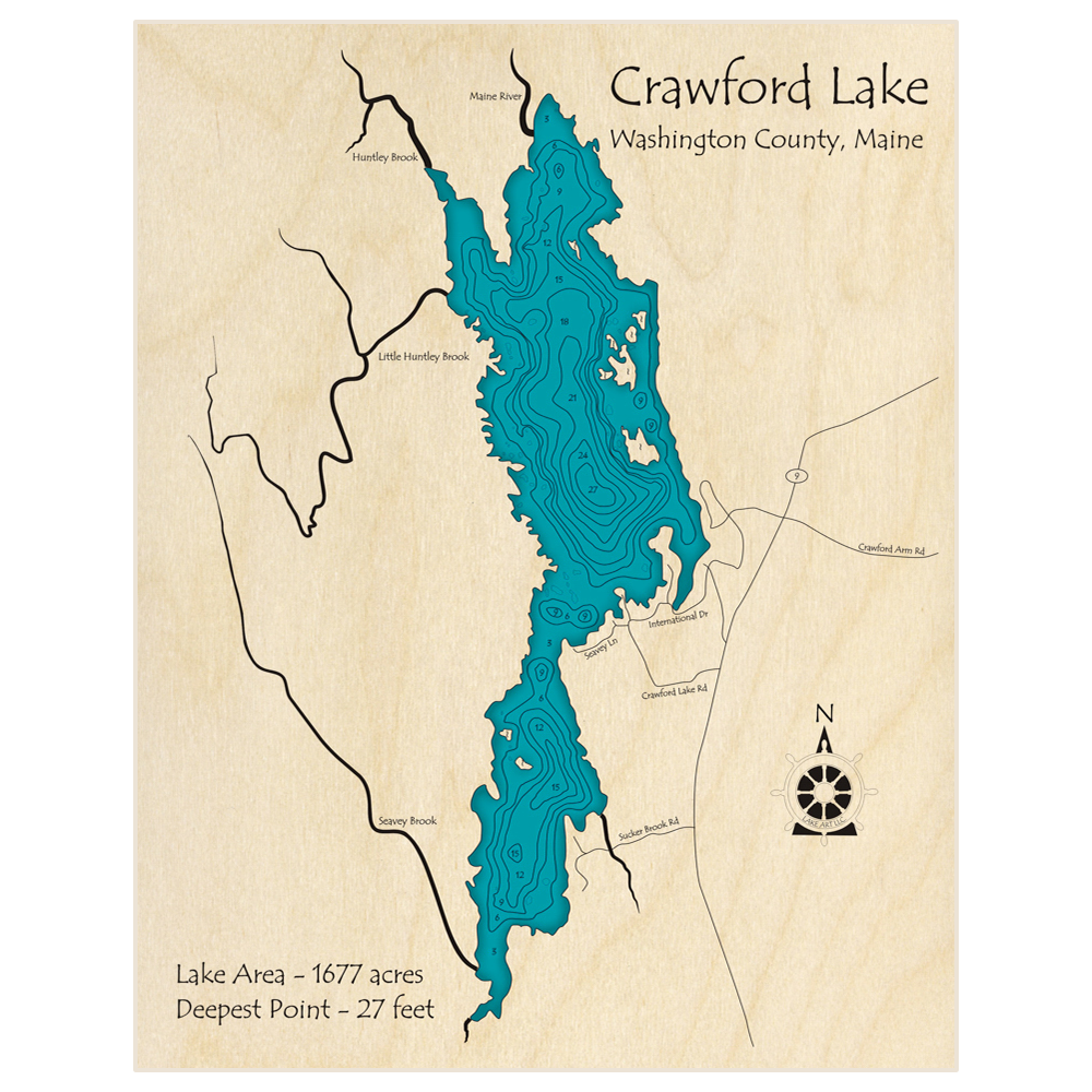 Bathymetric topo map of Crawford Lake with roads, towns and depths noted in blue water