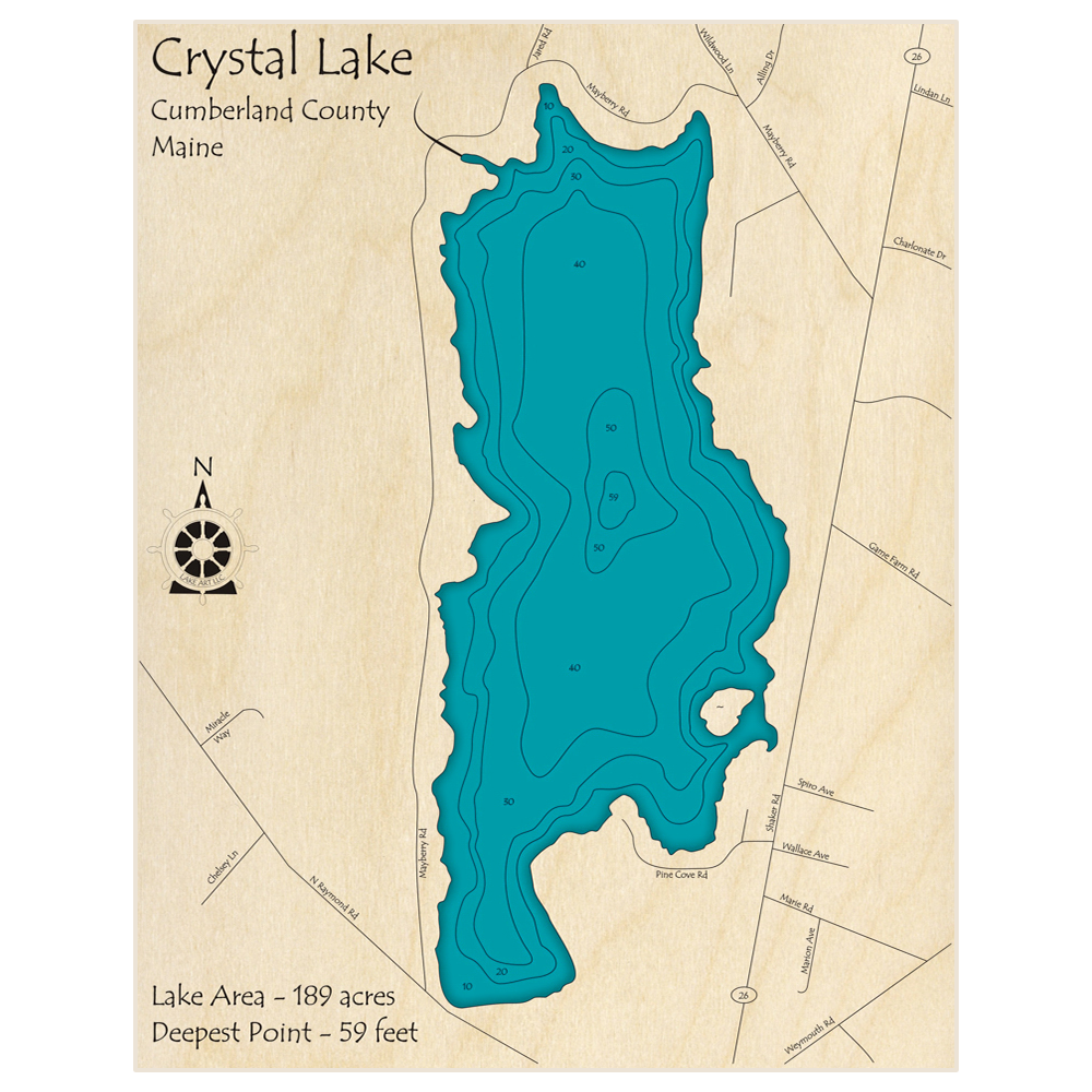 Bathymetric topo map of Crystal Lake (in Gray Township) with roads, towns and depths noted in blue water