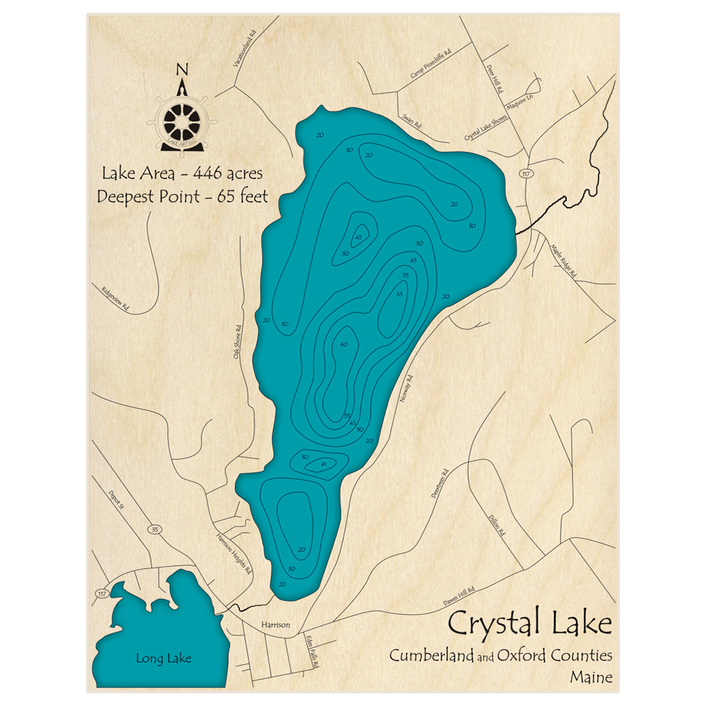 Bathymetric topo map of Crystal Lake (Near Harrison) with roads, towns and depths noted in blue water