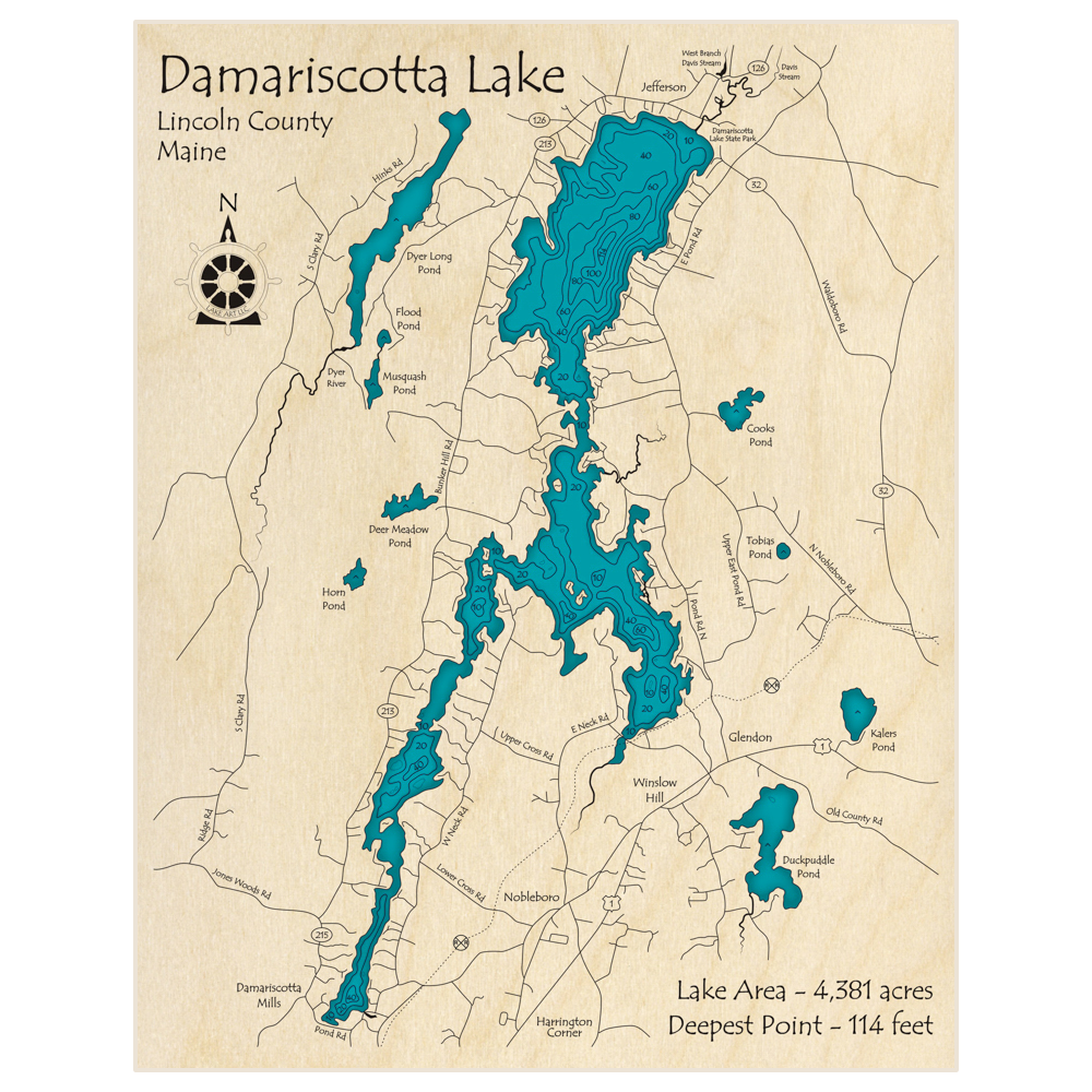 Bathymetric topo map of Damariscotta Lake with roads, towns and depths noted in blue water