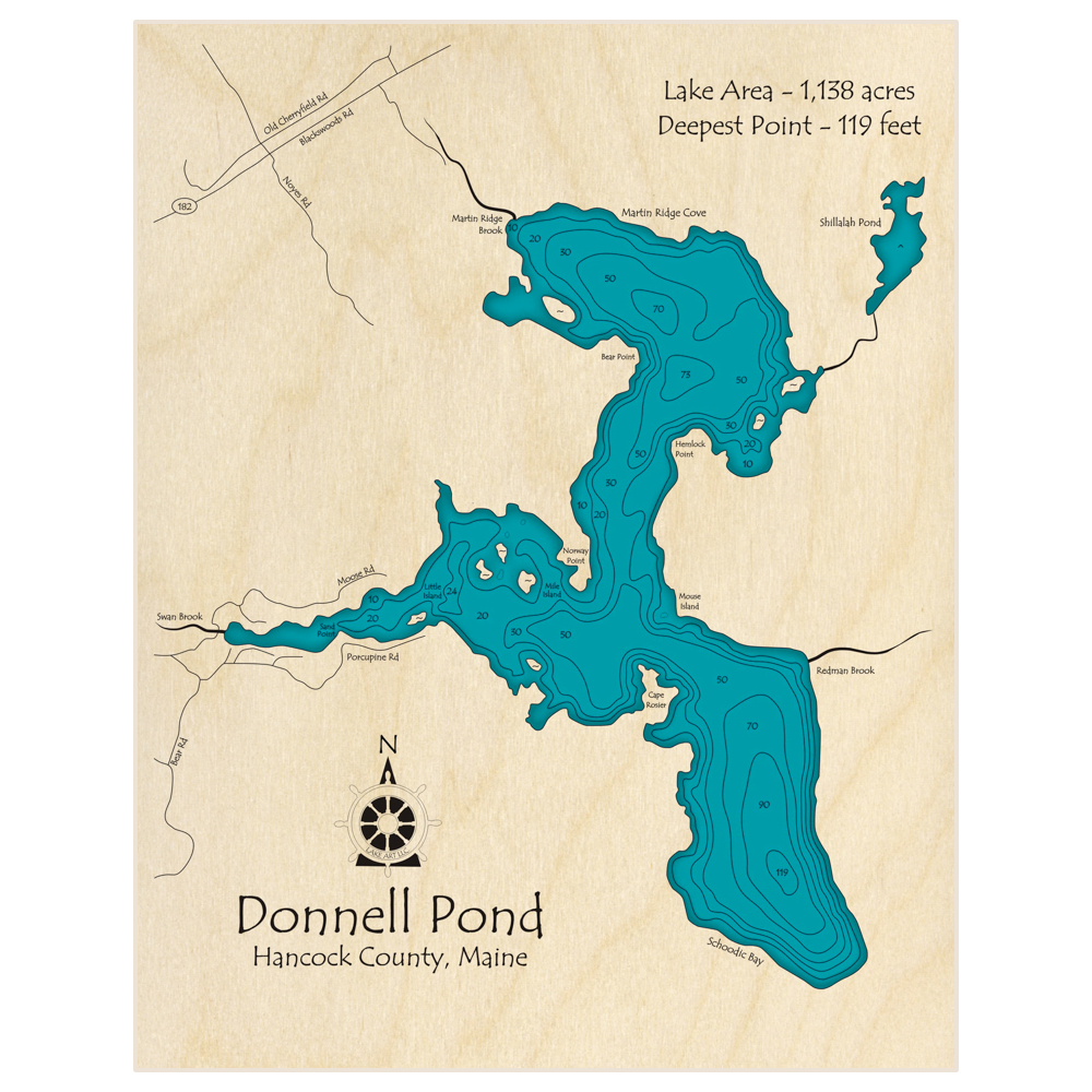 Bathymetric topo map of Donnell Pond with roads, towns and depths noted in blue water