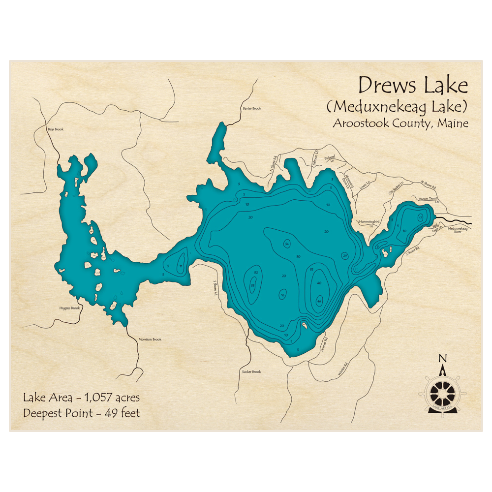 Bathymetric topo map of Drews Lake (Meduxnekeag Lake) with roads, towns and depths noted in blue water