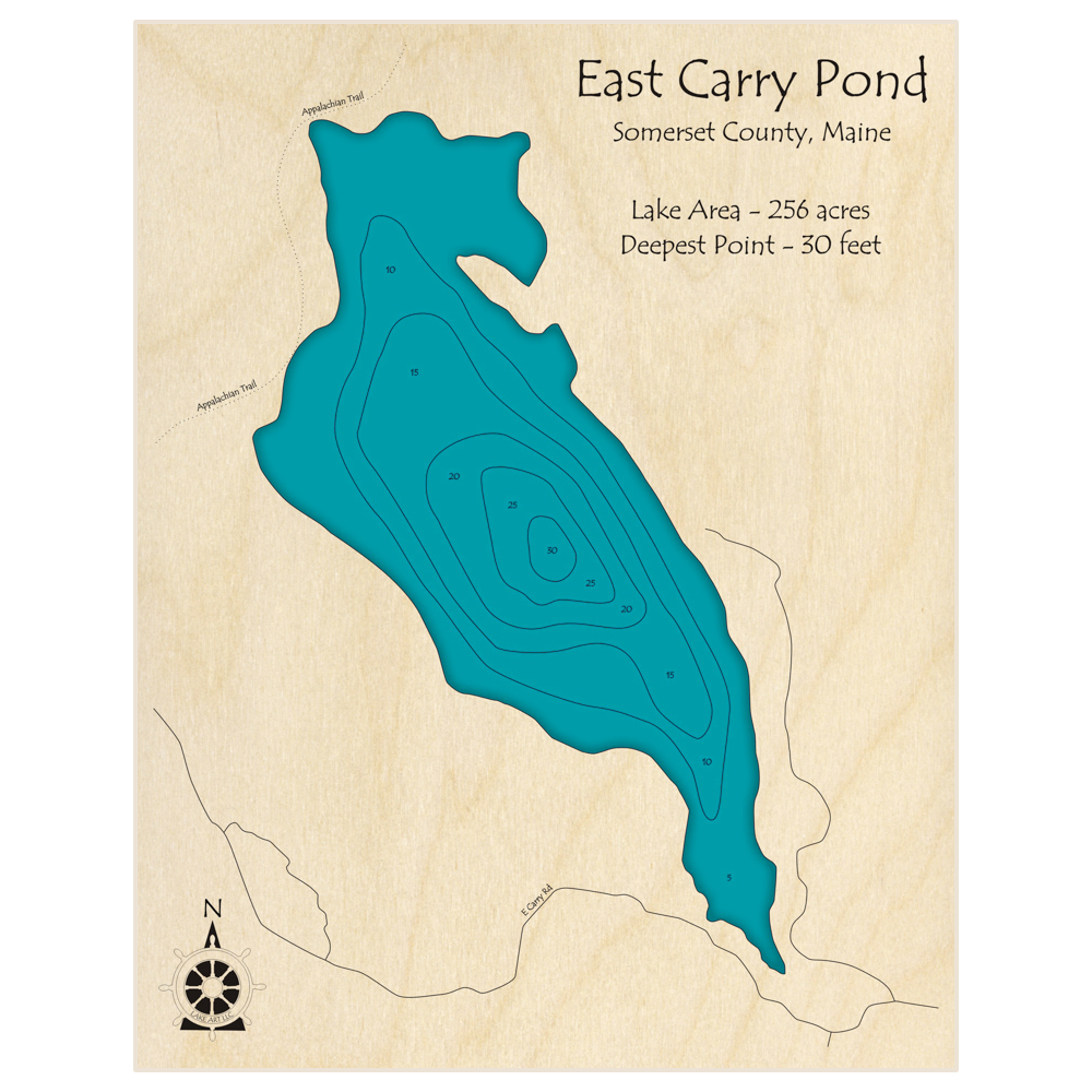 Bathymetric topo map of East Carry Pond with roads, towns and depths noted in blue water