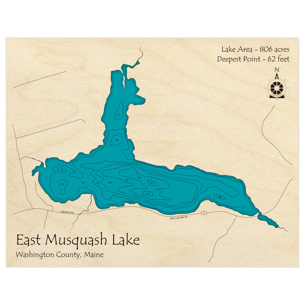 Bathymetric topo map of East Musquash Lake with roads, towns and depths noted in blue water