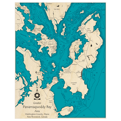 Bathymetric topo map of Greater Passamaquoddy Bay Area (and Campobello Island) with roads, towns and depths noted in blue water