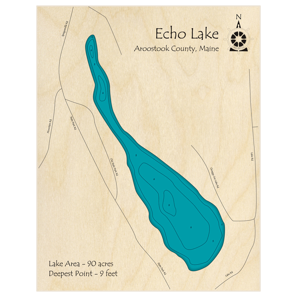 Bathymetric topo map of Echo Lake with roads, towns and depths noted in blue water