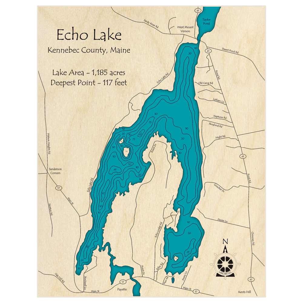 Bathymetric topo map of Echo Lake with roads, towns and depths noted in blue water