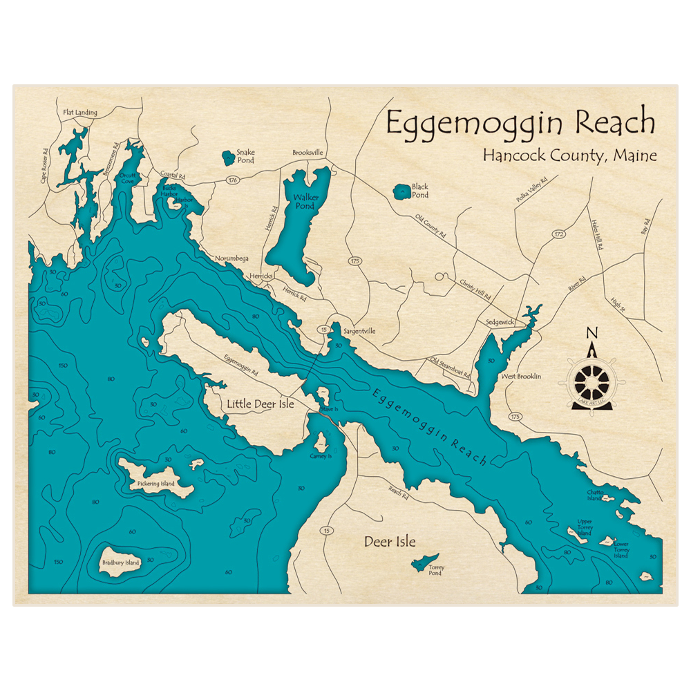 Bathymetric topo map of Eggemoggin Reach with roads, towns and depths noted in blue water