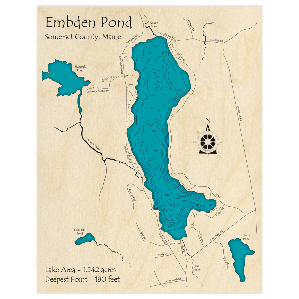Bathymetric topo map of Embden Pond with roads, towns and depths noted in blue water