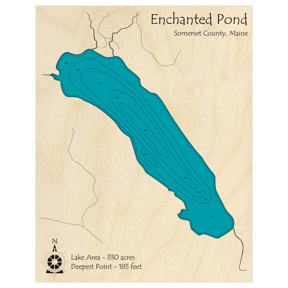 Bathymetric topo map of Enchanted Pond with roads, towns and depths noted in blue water