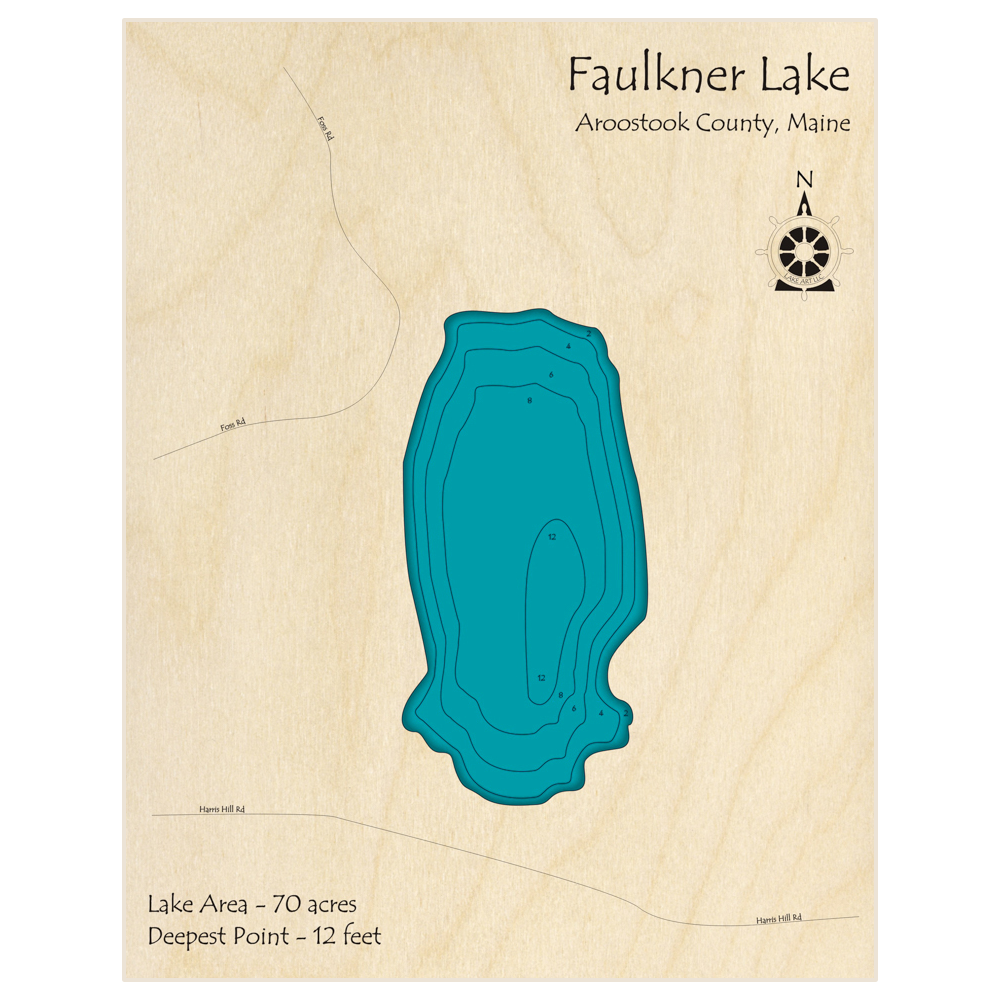 Bathymetric topo map of Faulkner Lake with roads, towns and depths noted in blue water