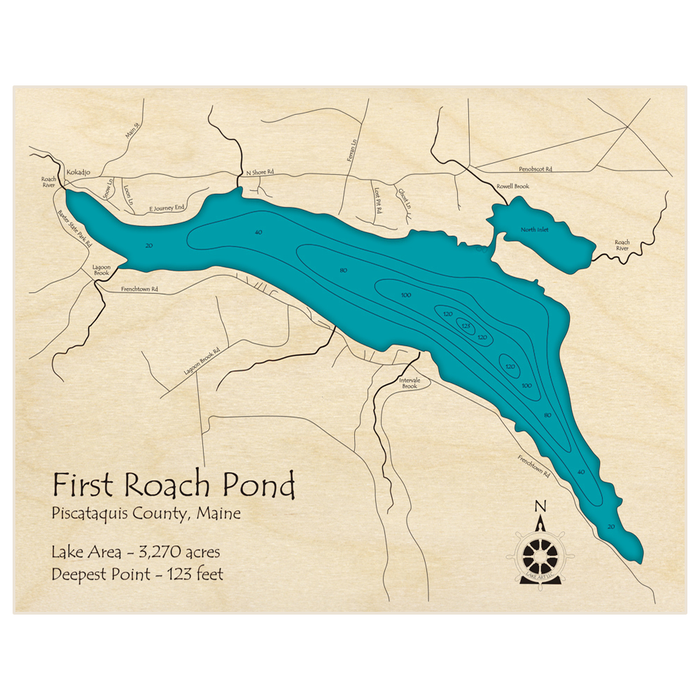 Bathymetric topo map of First Roach Pond with roads, towns and depths noted in blue water