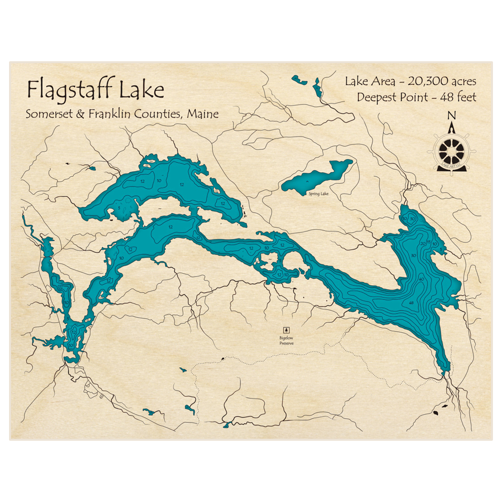 Bathymetric topo map of Flagstaff Lake with roads, towns and depths noted in blue water