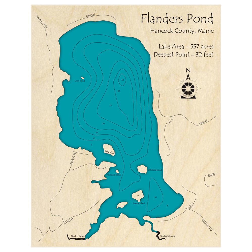 Bathymetric topo map of Flanders Pond with roads, towns and depths noted in blue water