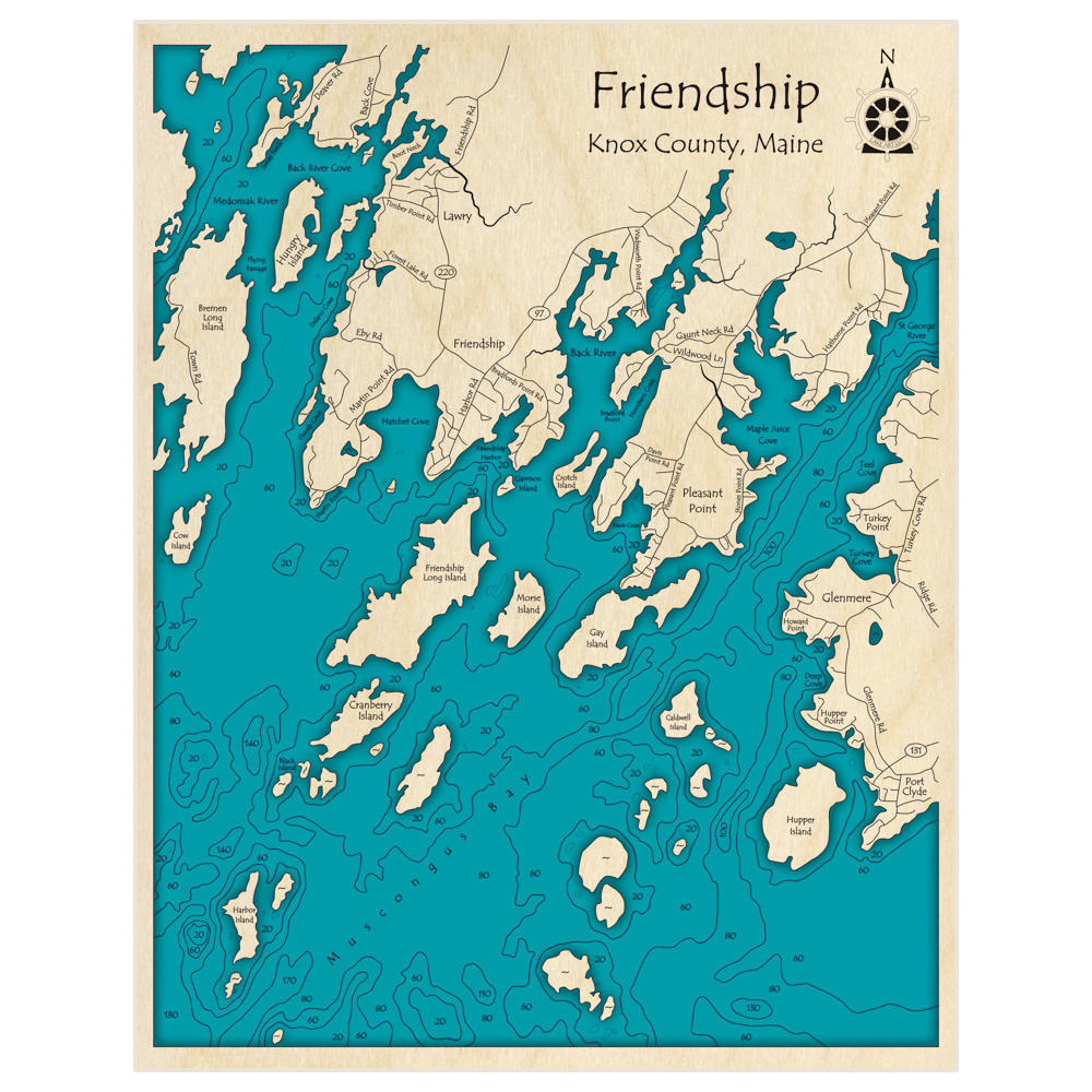 Bathymetric topo map of Friendship (and Muscongus Bay) with roads, towns and depths noted in blue water