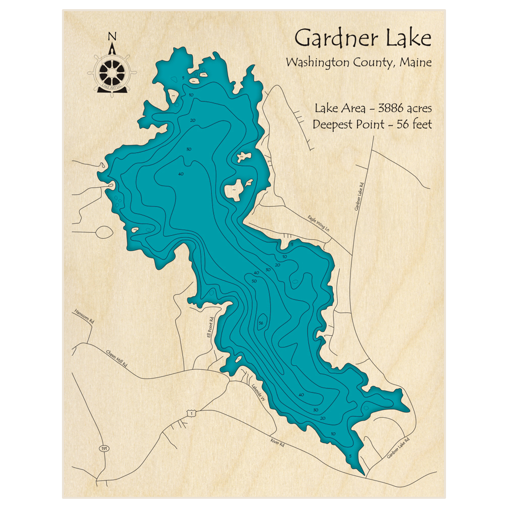 Bathymetric topo map of Gardner Lake with roads, towns and depths noted in blue water
