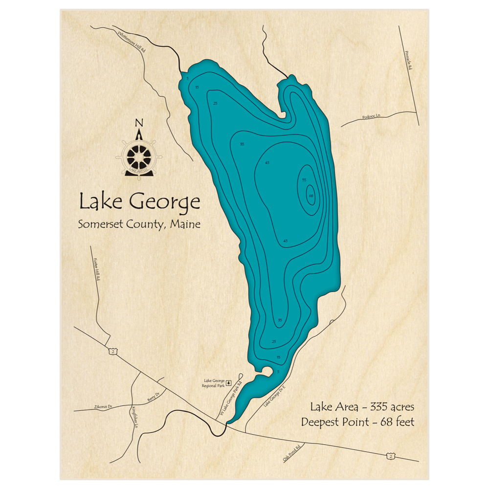 Bathymetric topo map of Lake George with roads, towns and depths noted in blue water
