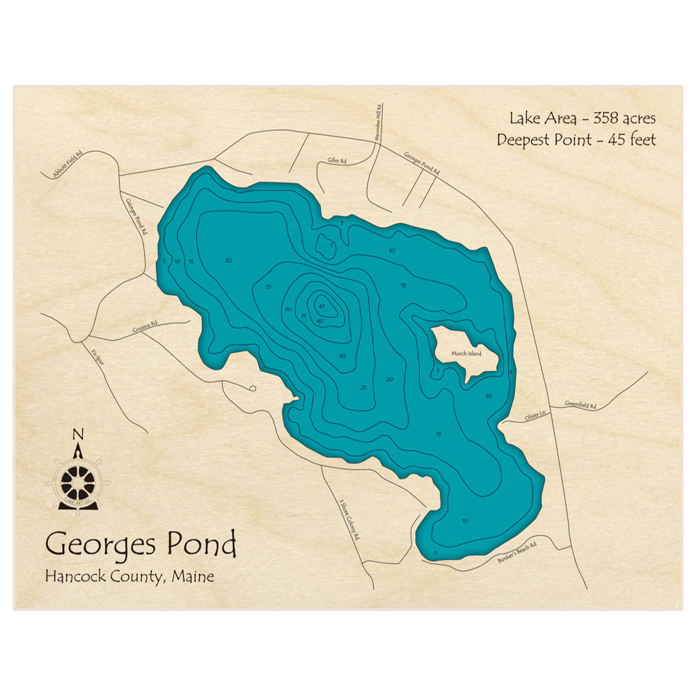 Bathymetric topo map of Georges Pond with roads, towns and depths noted in blue water