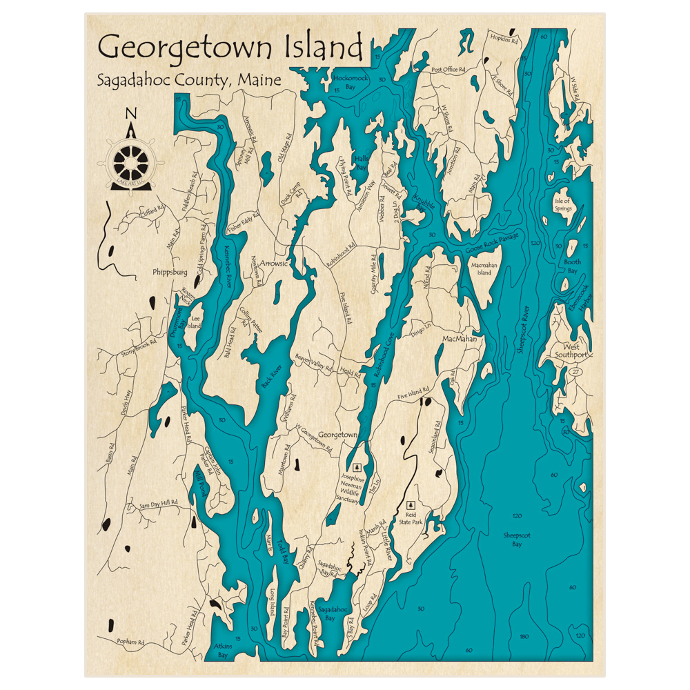 Bathymetric topo map of Georgetown Island with roads, towns and depths noted in blue water
