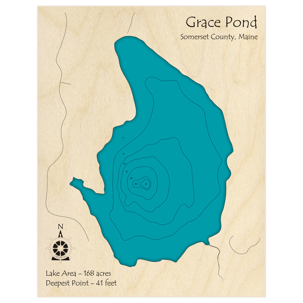 Bathymetric topo map of Grace Pond with roads, towns and depths noted in blue water