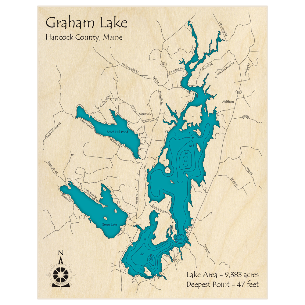 Bathymetric topo map of Graham Lake with roads, towns and depths noted in blue water