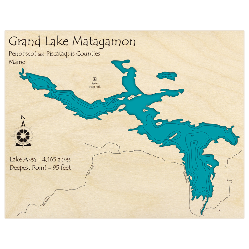 Bathymetric topo map of Grand Lake Matagamon with roads, towns and depths noted in blue water