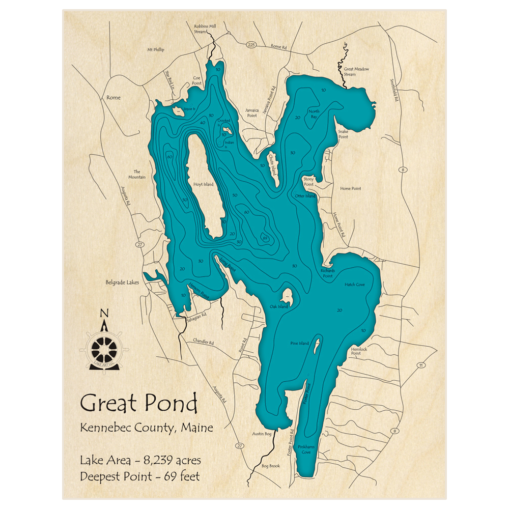 Bathymetric topo map of Great Pond with roads, towns and depths noted in blue water