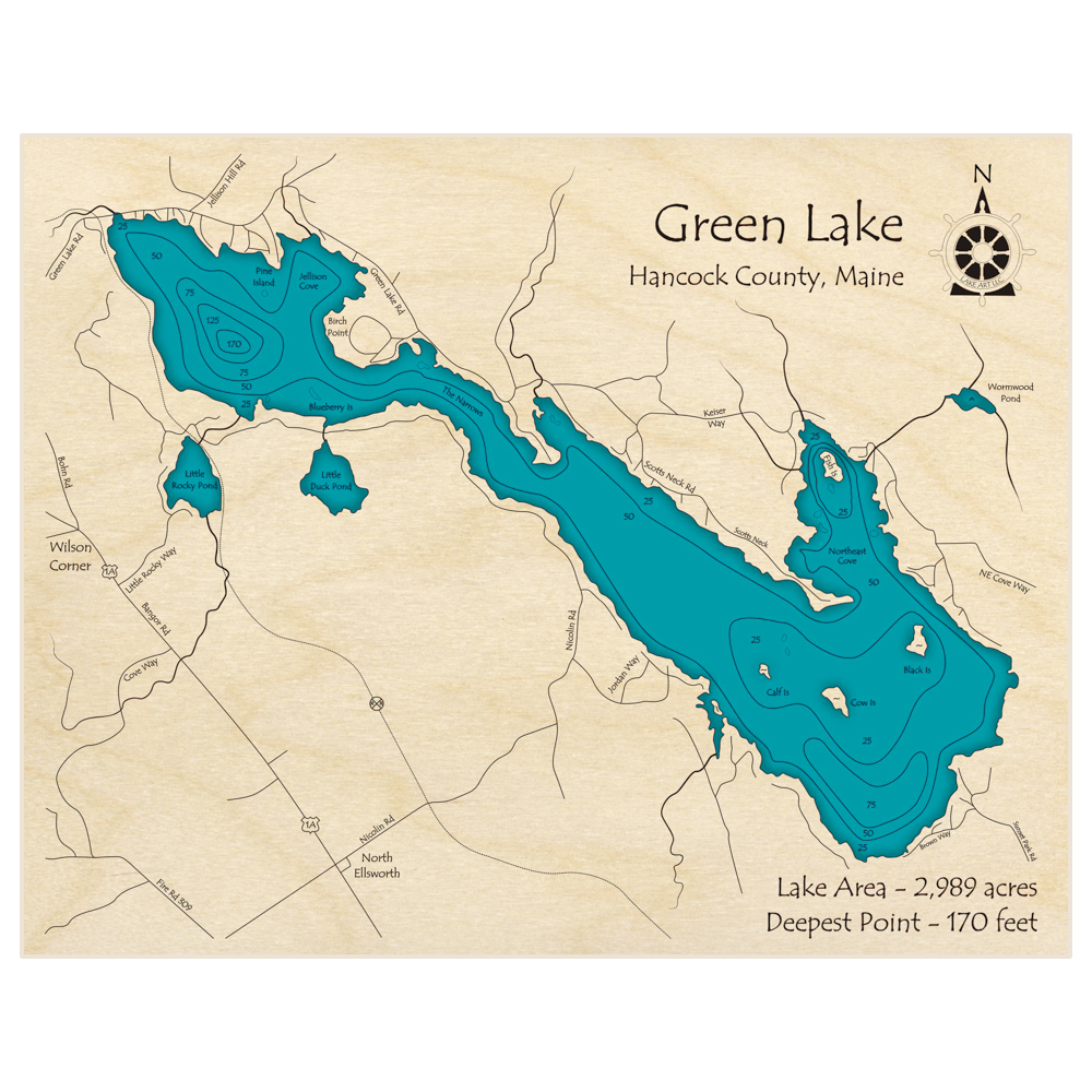 Bathymetric topo map of Green Lake with roads, towns and depths noted in blue water