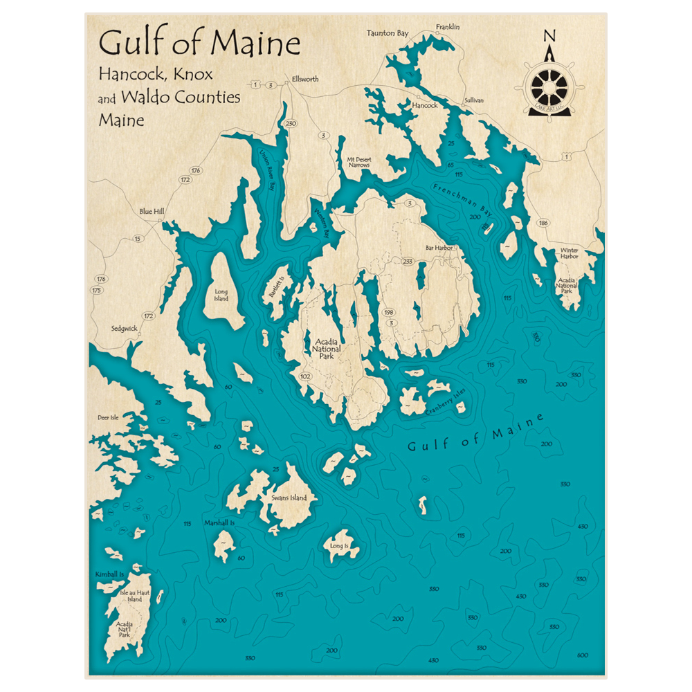 Bathymetric topo map of Gulf of Maine with roads, towns and depths noted in blue water