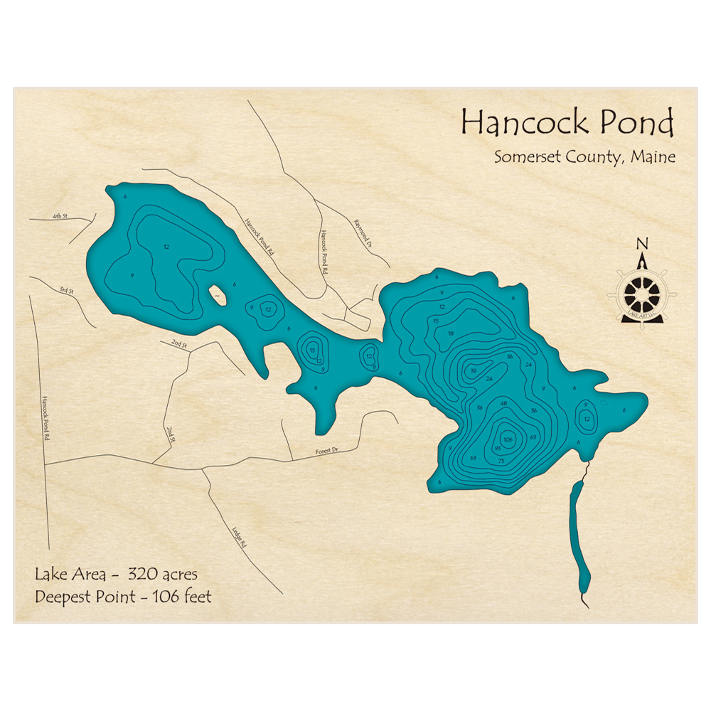 Bathymetric topo map of Hancock Pond with roads, towns and depths noted in blue water
