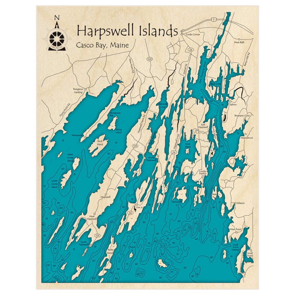 Bathymetric topo map of Harpswell Islands (Casco Bay) with roads, towns and depths noted in blue water