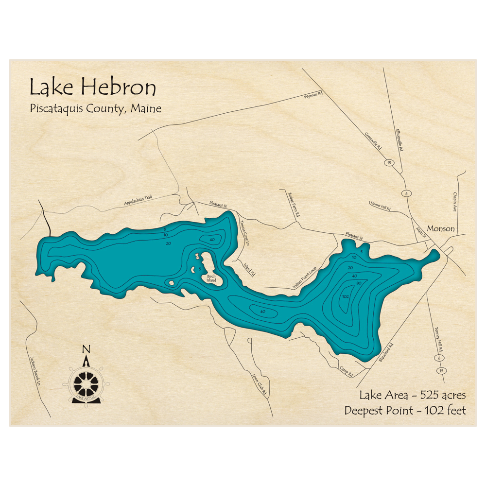 Bathymetric topo map of Lake Hebron with roads, towns and depths noted in blue water