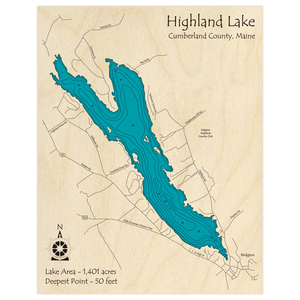 Bathymetric topo map of Highland Lake (Near Bridgton) with roads, towns and depths noted in blue water
