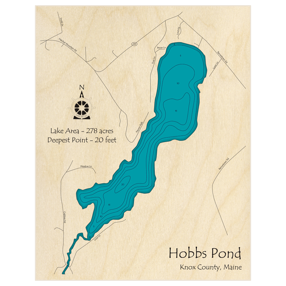 Bathymetric topo map of Hobbs Pond with roads, towns and depths noted in blue water
