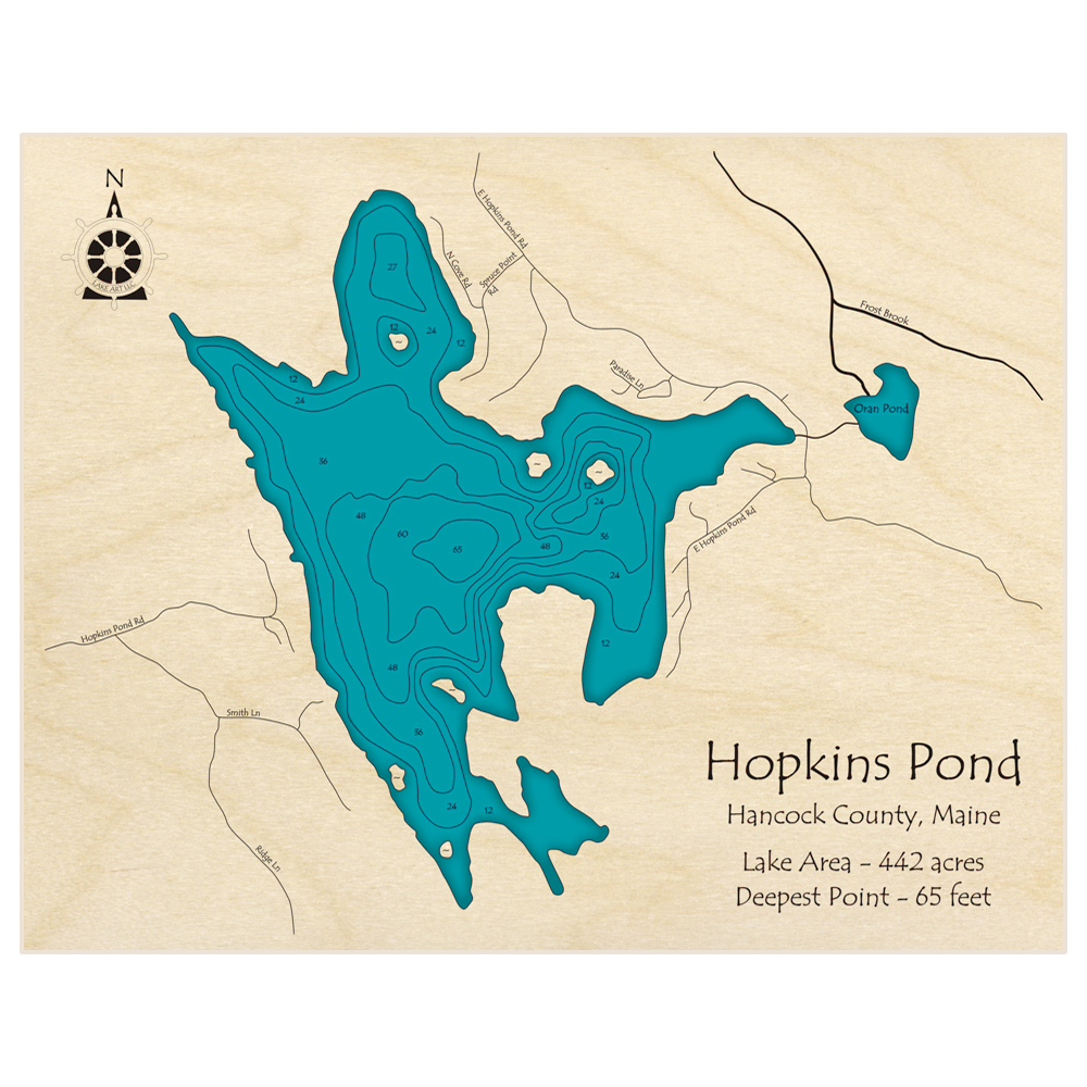 Bathymetric topo map of Hopkins Pond with roads, towns and depths noted in blue water
