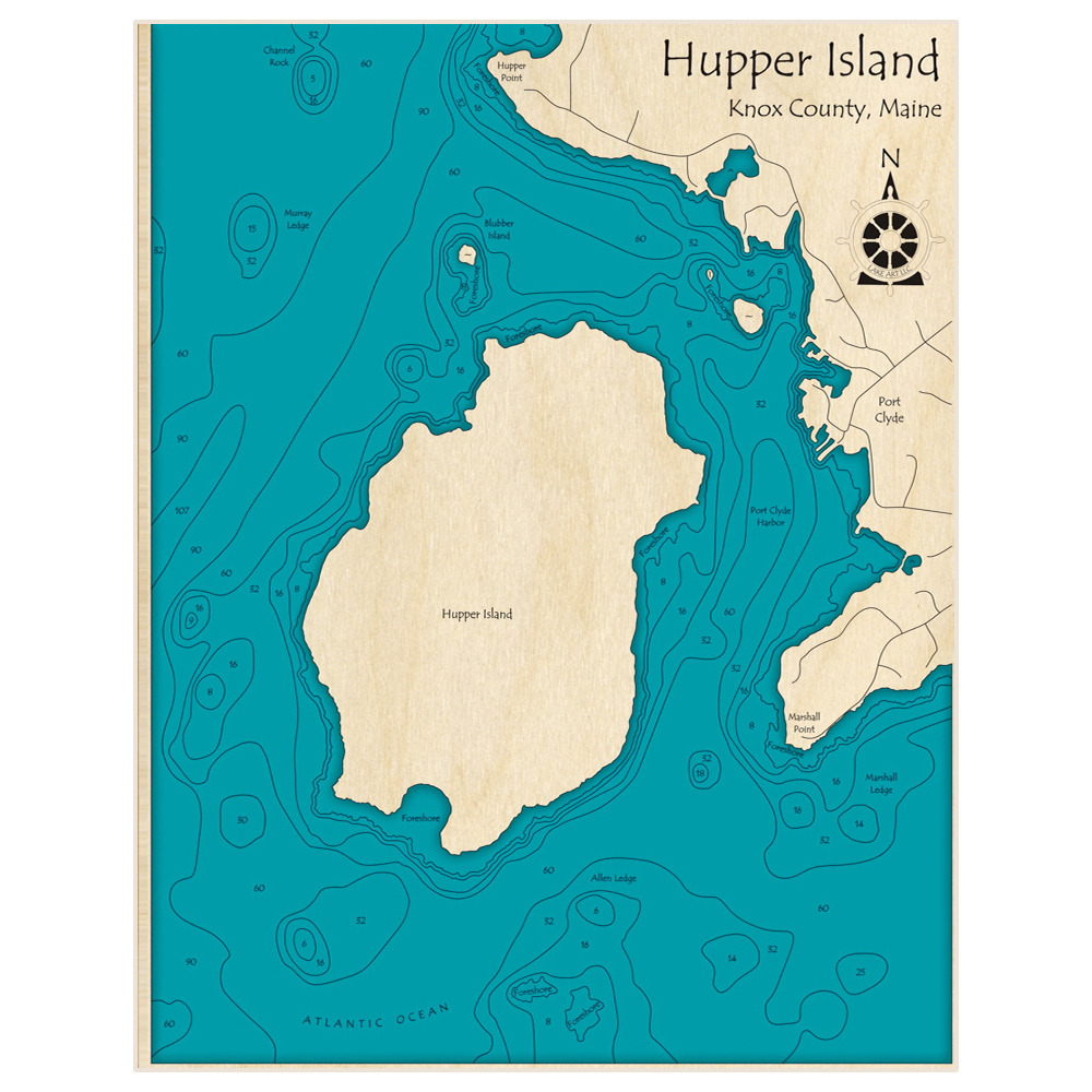 Bathymetric topo map of Hupper Island with roads, towns and depths noted in blue water