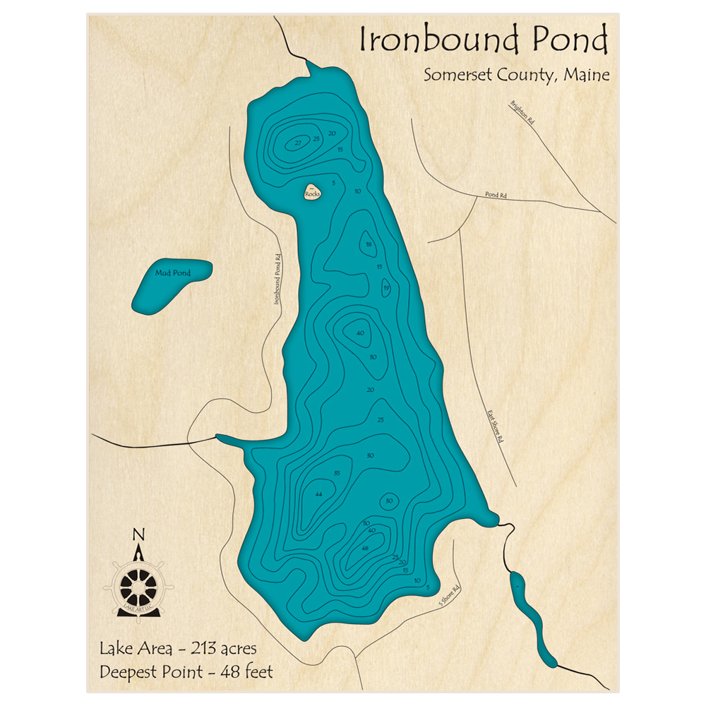 Bathymetric topo map of Ironbound Pond (Near Solon-Athens) with roads, towns and depths noted in blue water