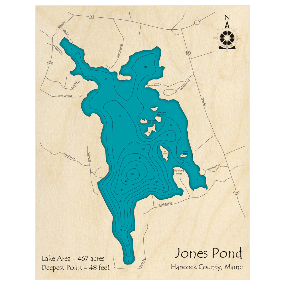 Bathymetric topo map of Jones Pond with roads, towns and depths noted in blue water