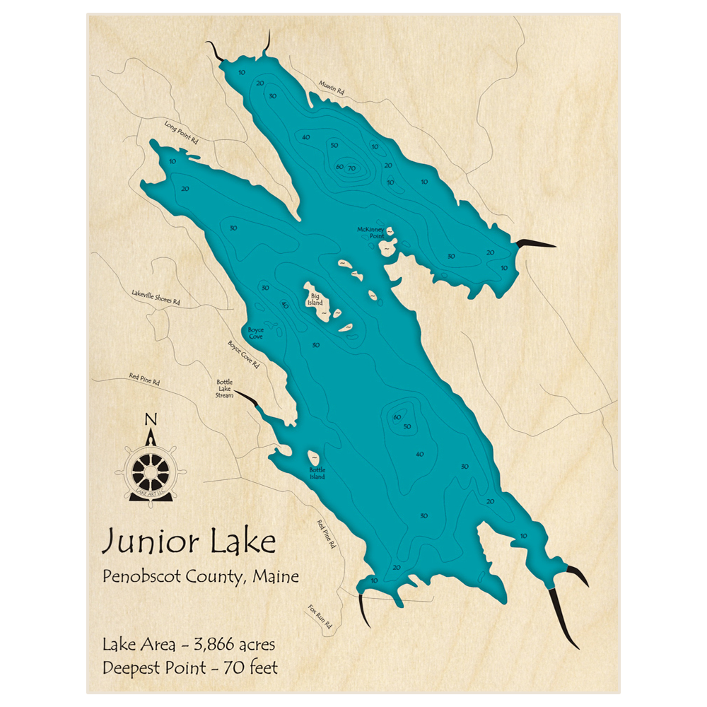Bathymetric topo map of Junior Lake with roads, towns and depths noted in blue water