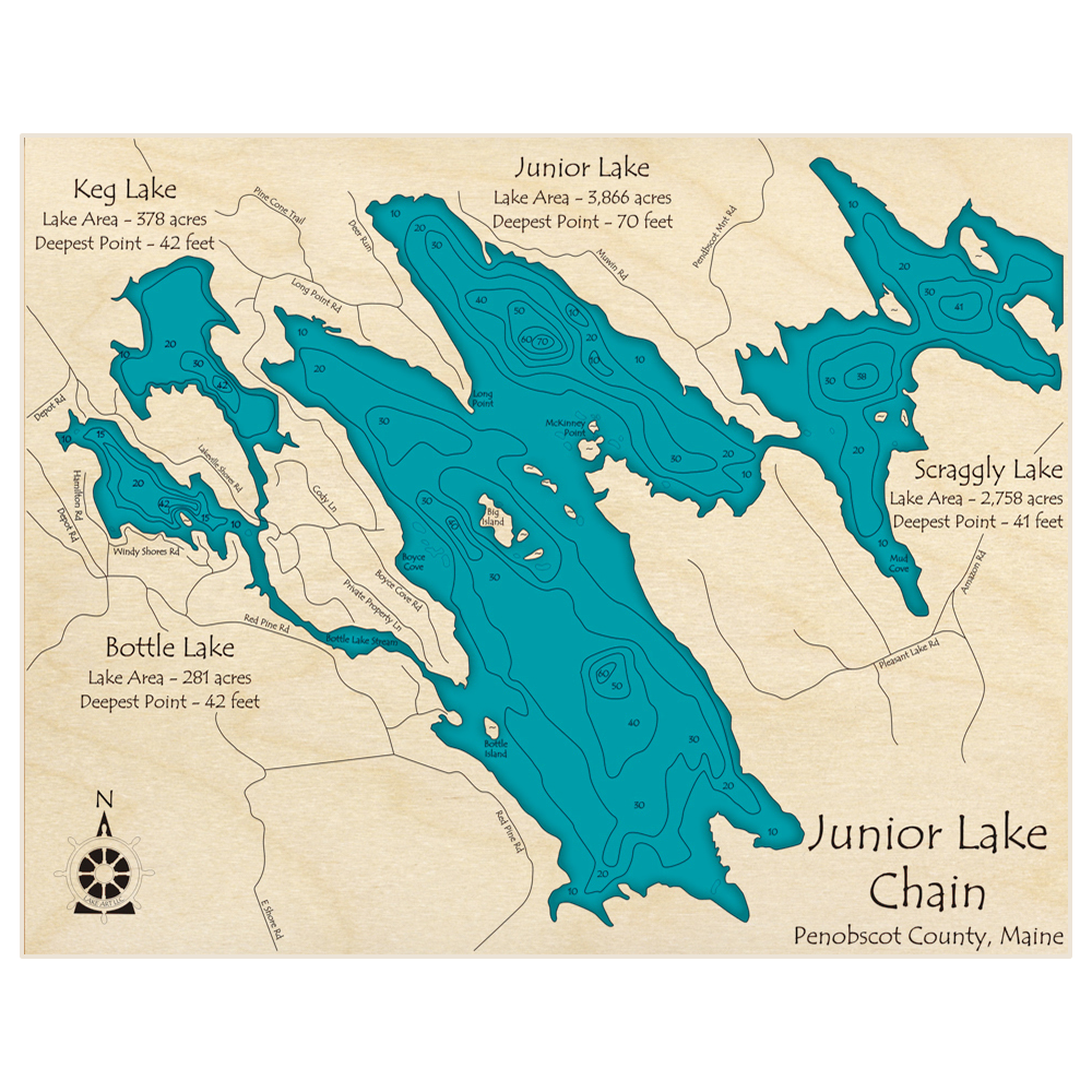 Bathymetric topo map of Junior Lakes Chain (Keg Bottle Junior Scraggly) with roads, towns and depths noted in blue water