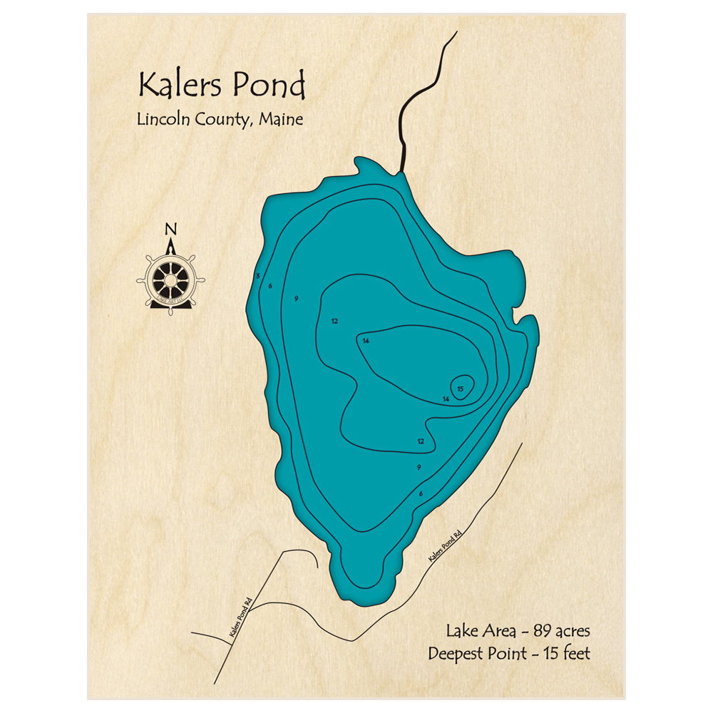 Bathymetric topo map of Kalers Pond with roads, towns and depths noted in blue water