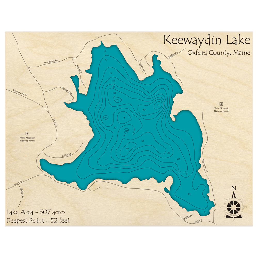 Bathymetric topo map of Keewaydin Lake with roads, towns and depths noted in blue water