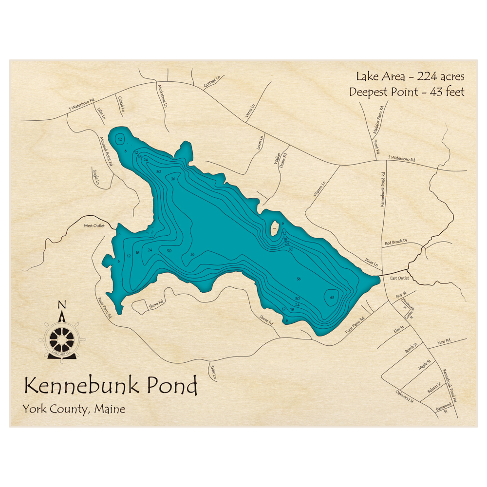 Bathymetric topo map of Kennebunk Pond with roads, towns and depths noted in blue water