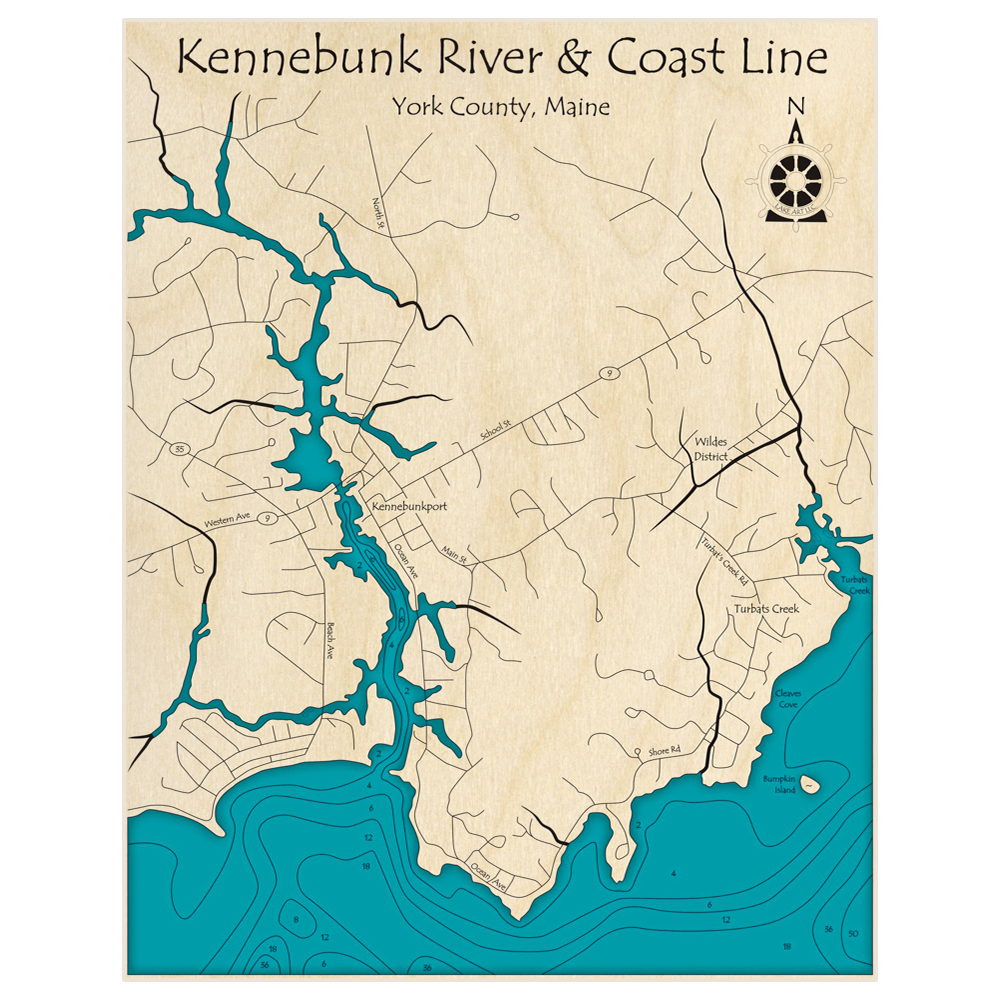 Bathymetric topo map of Kennebunk River and Coastline with roads, towns and depths noted in blue water