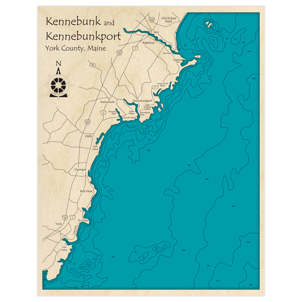 Bathymetric topo map of Kennebunk/Kennebunkport (Old Orchard Beach to Cape Neddick Harbor) with roads, towns and depths noted in blue water